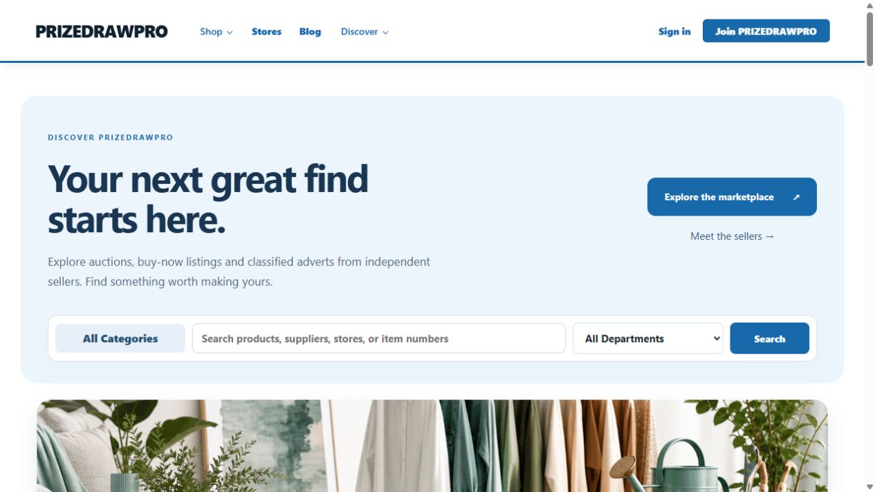 PrizeDrawPro marketplace preview with shopping departments and product search