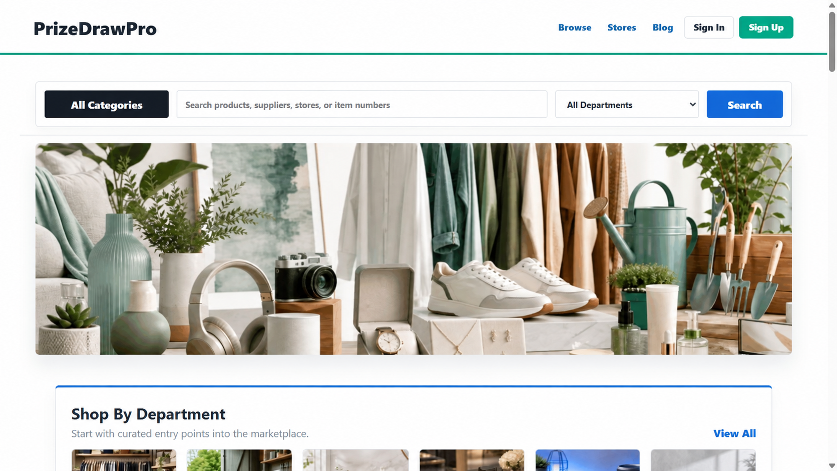 Marketplace homepage with shopping departments and product search.